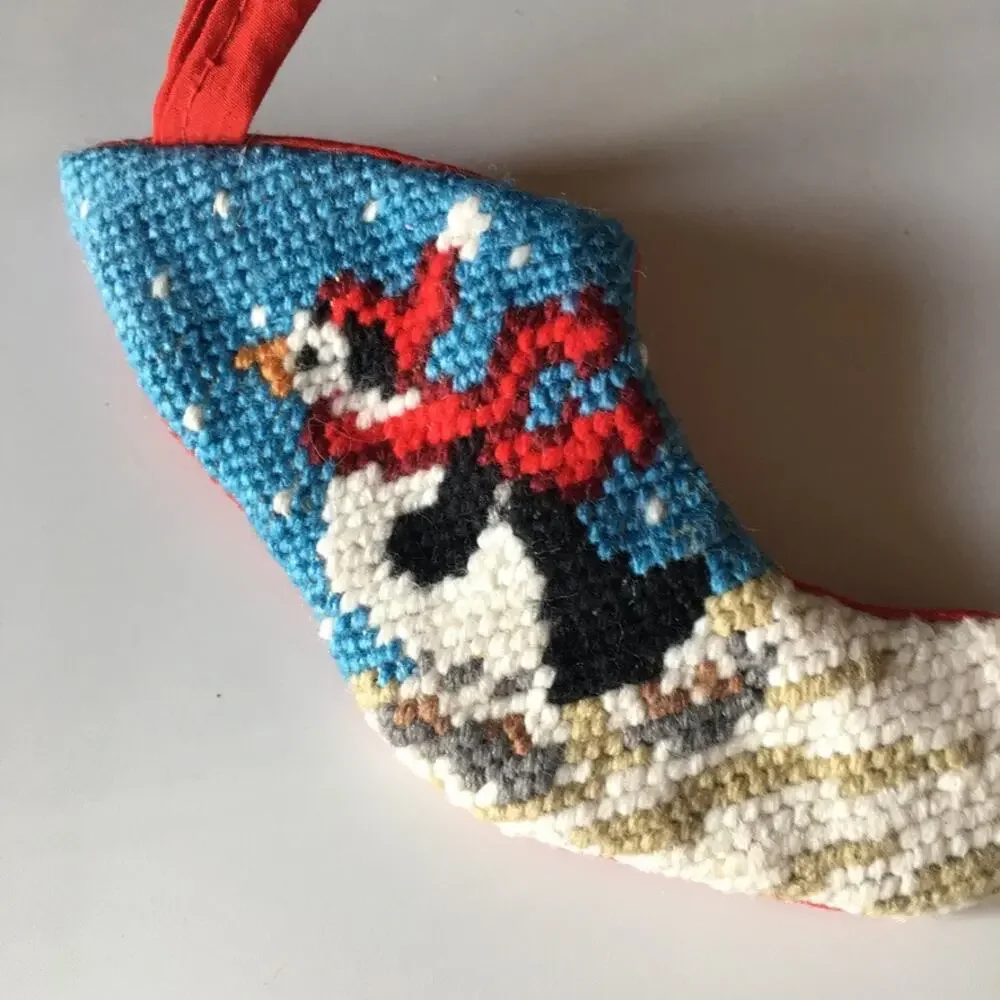 Vintage Mini Petit Point Needlepoint Christmas Penguin Stocking Ornament